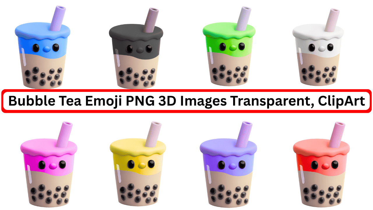 Colorful 3D bubble tea emoji cups with cute faces and transparent background