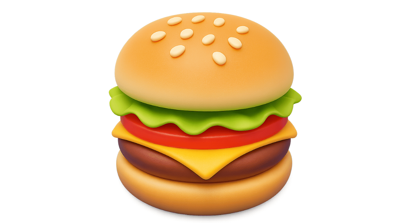 3D burger emoji with cheese, lettuce, tomato in cartoon style on transparent background
