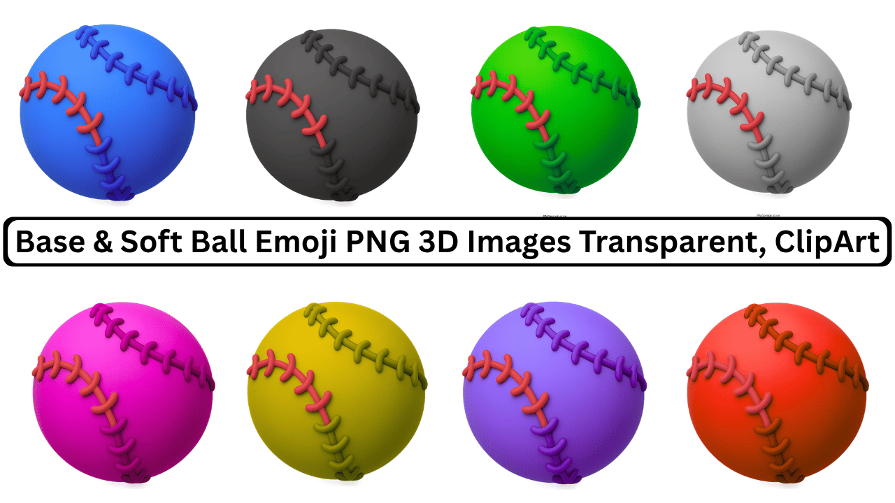 Colorful 3D baseball and softball emoji PNG icons in various colors with stitching