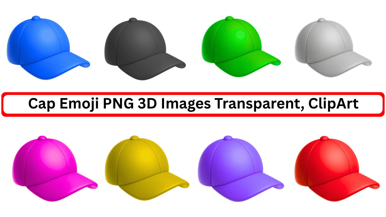 Colorful 3D cap emoji PNGs with transparent background in multiple bright shades