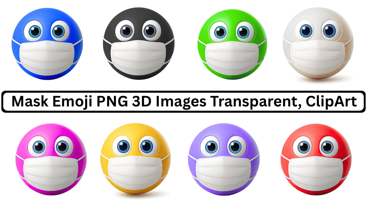 Colorful 3D emoji faces wearing white medical masks in transparent PNG clipart set
