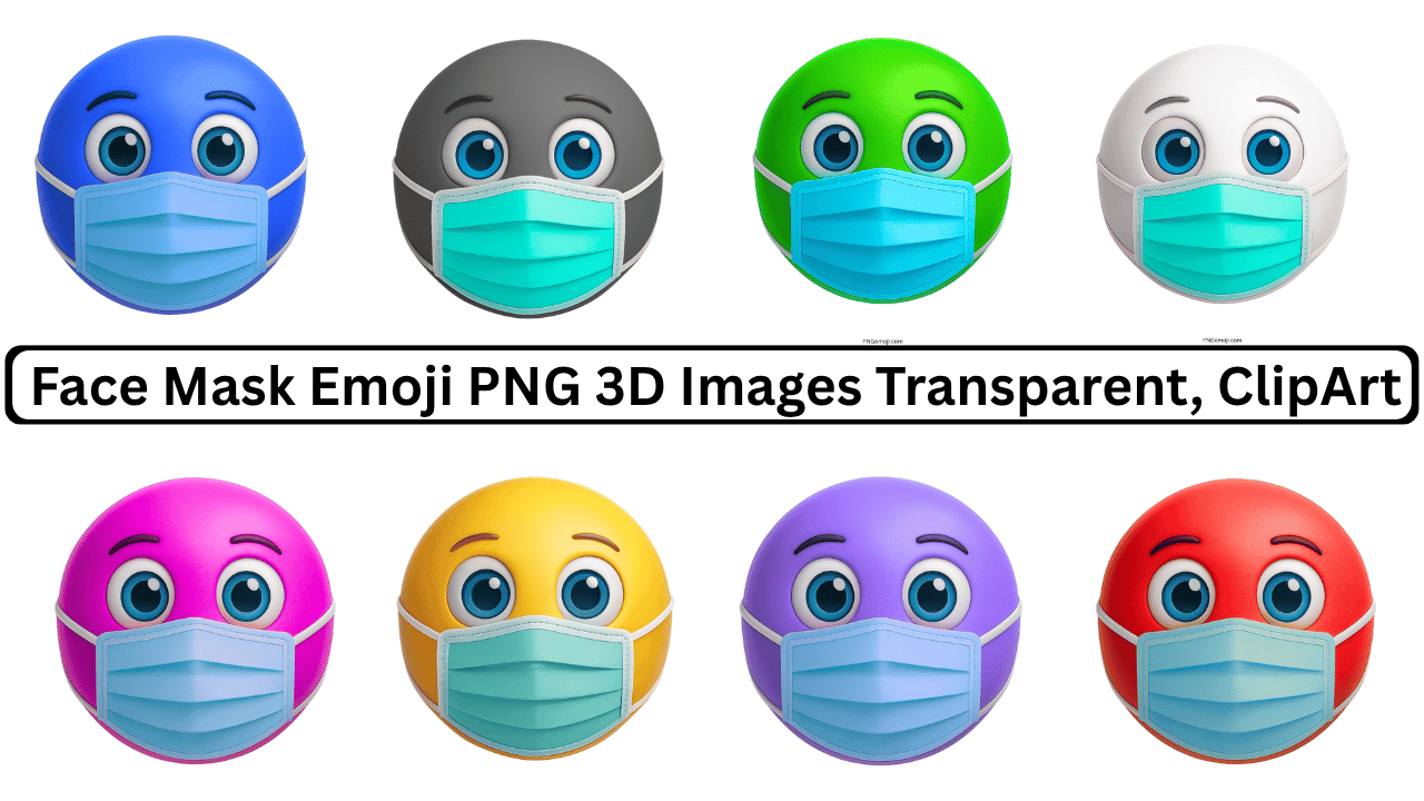 Colorful 3D face mask emoji PNG images with different expressions in clipart style