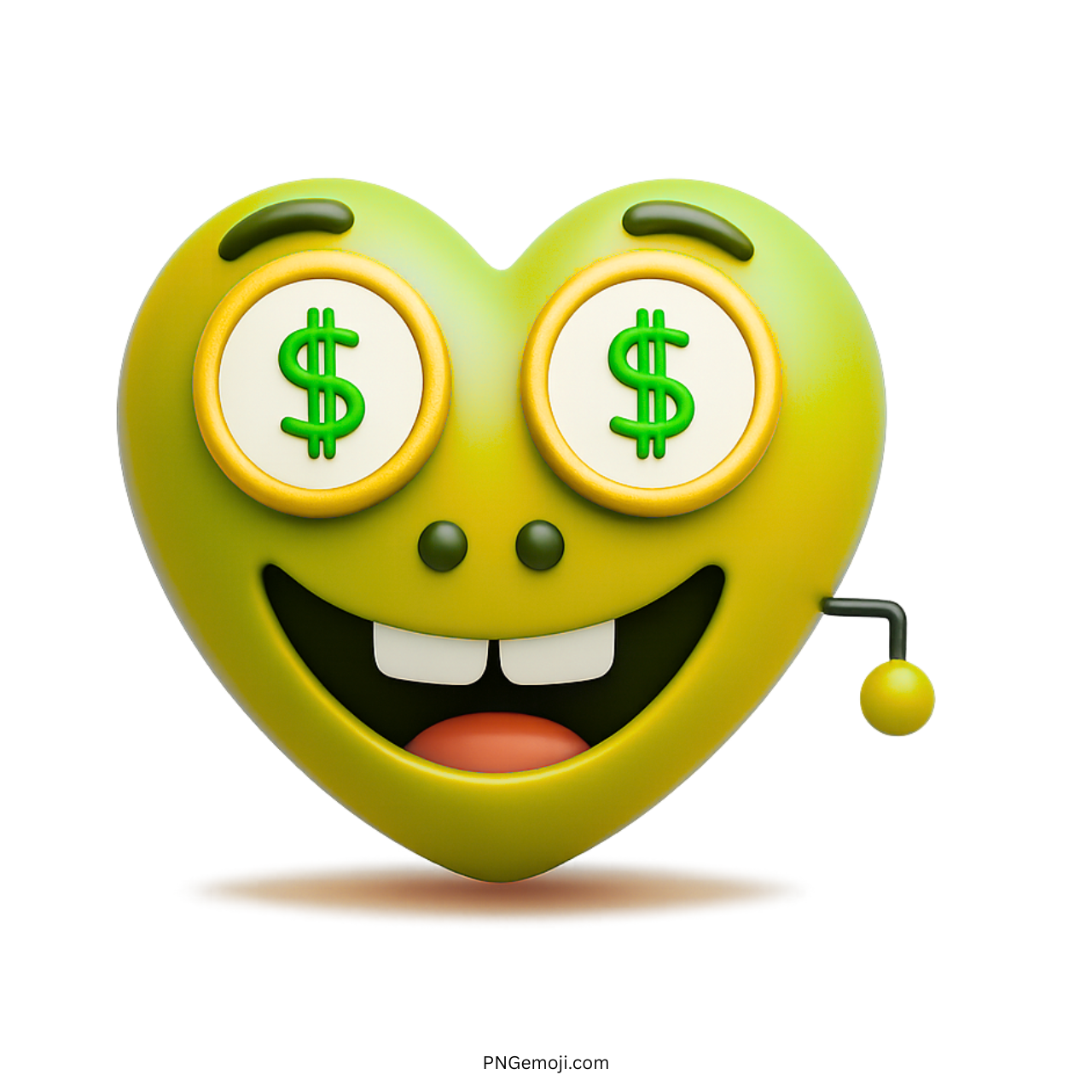 3D green yellow heart emoji with dollar eyes and joyful smiling cartoon face