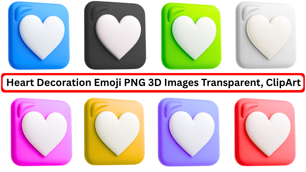 Colorful 3D heart decoration emoji icons in multiple shades with transparent background