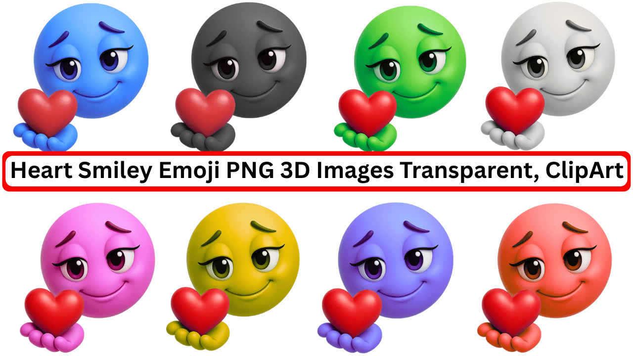Colorful 3D heart smiley emoji bundle in 8 shades with transparent backgrounds