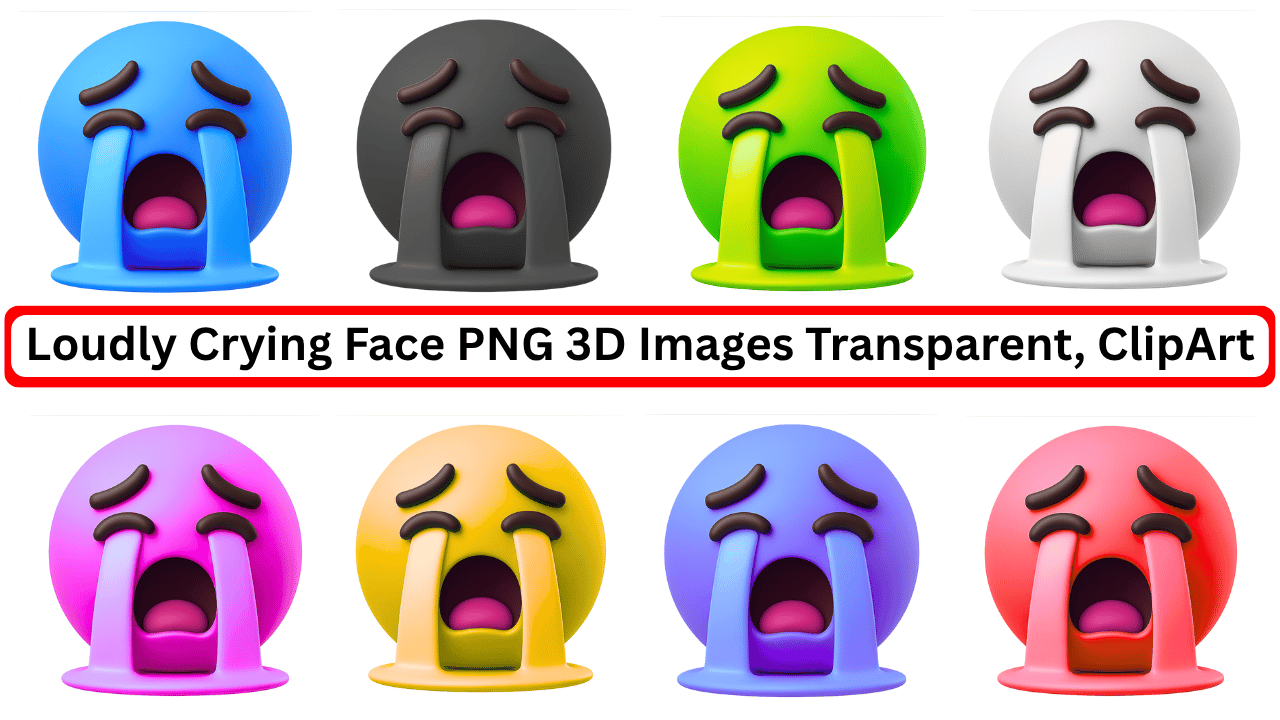 Set of 3D loudly crying face emoji icons in different vibrant colors with transparent background