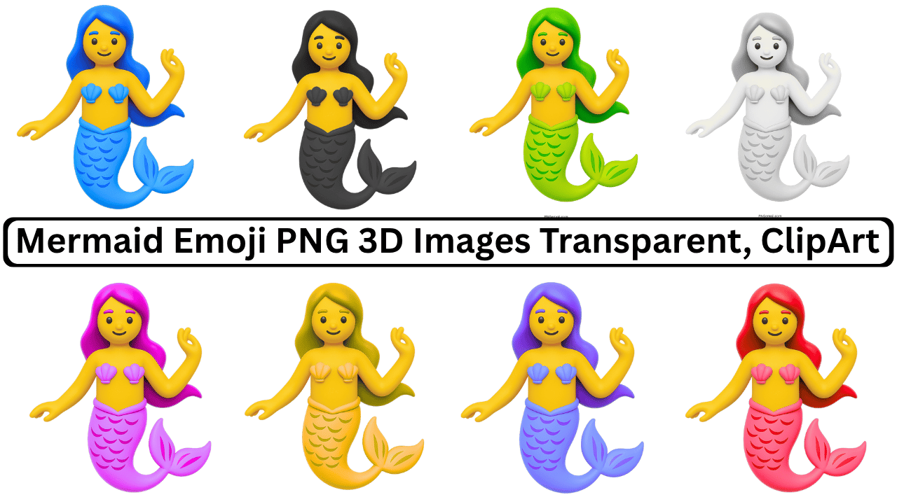 3D mermaid emoji set in multiple colors with transparent background for clipart use