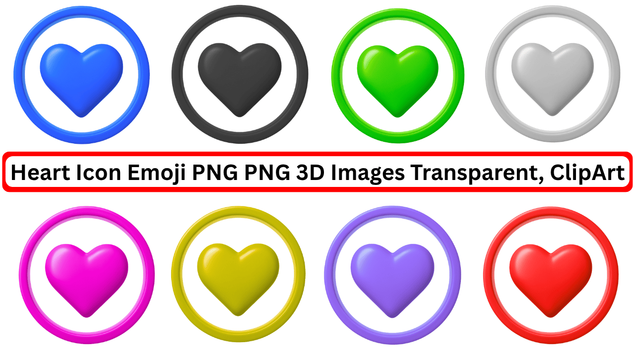 Set of 3D heart emoji icons in multiple colors with transparent background