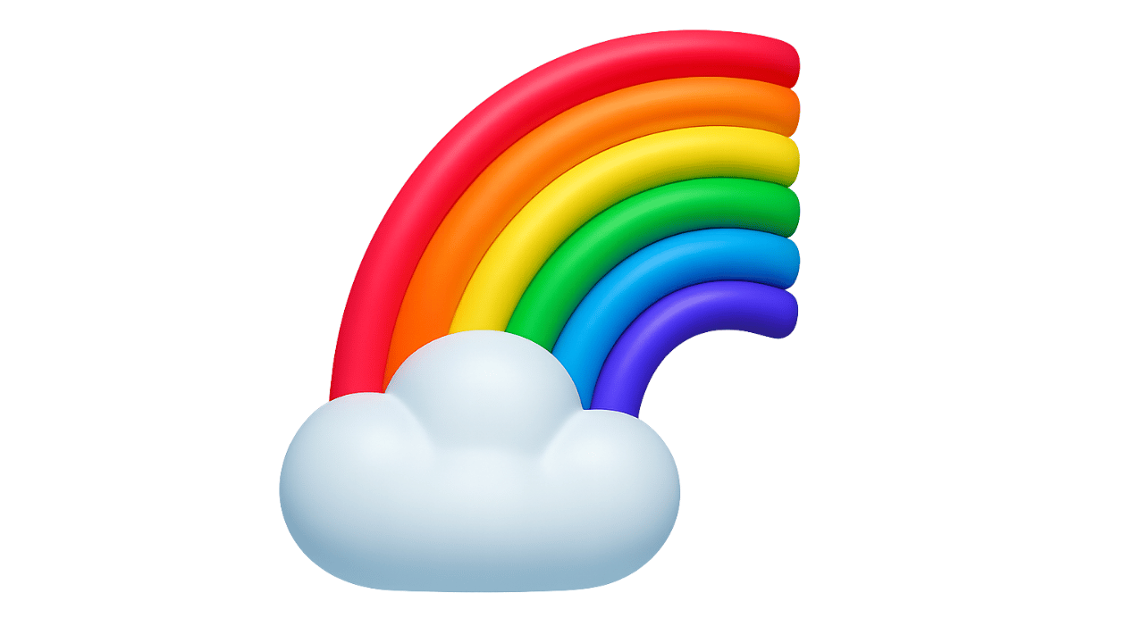 3D rainbow emoji with colorful arcs and white cloud, transparent background PNG illustration