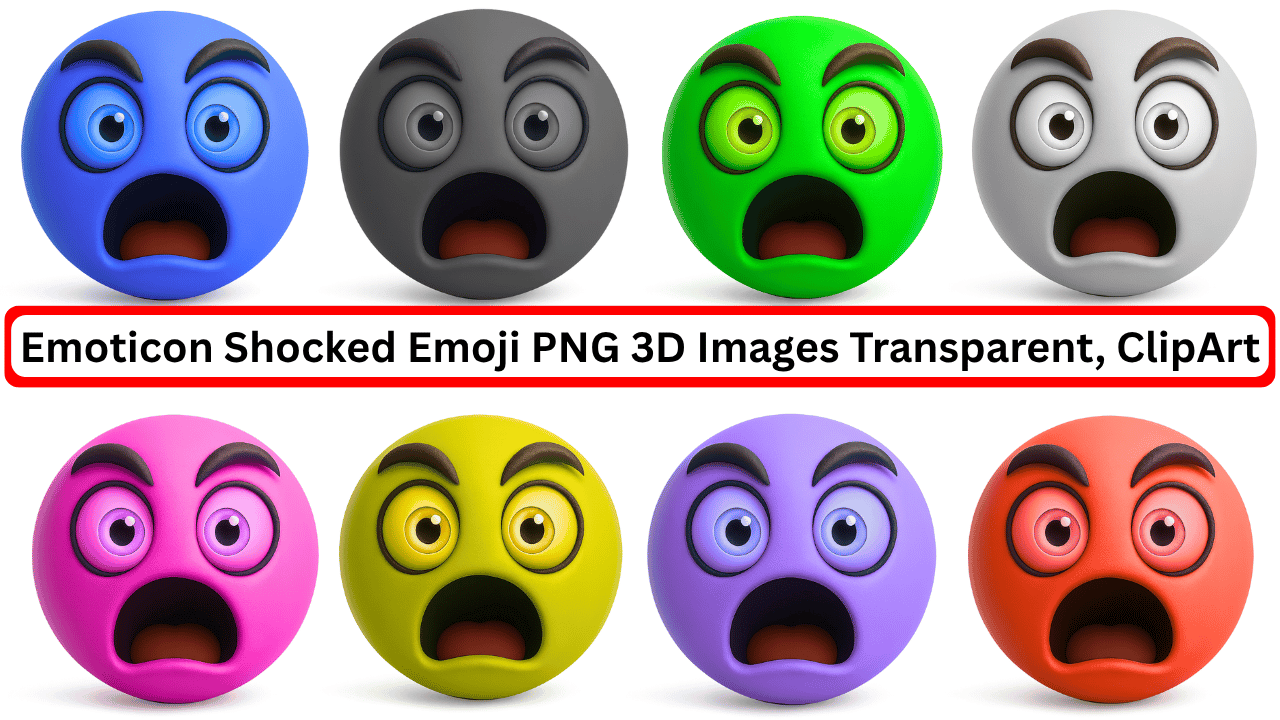 3D shocked emoji pack in various colors with wide eyes and open mouths