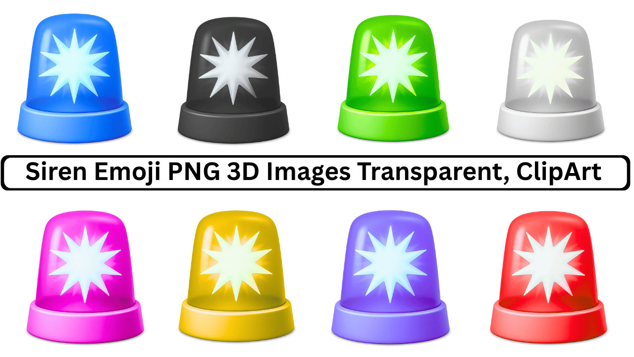 3D siren emoji PNG set with 8 colorful glowing alert icons transparent background
