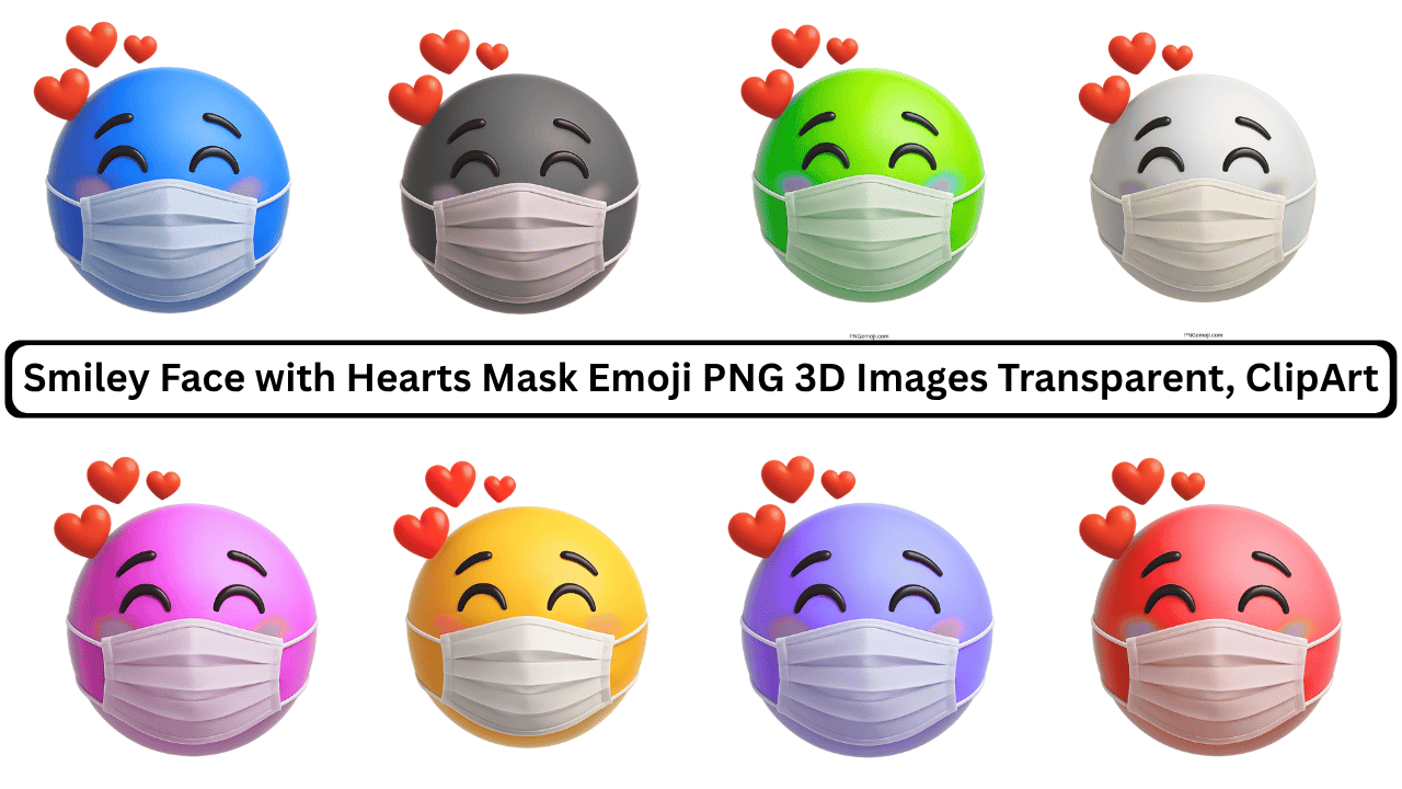 Set of colorful smiley face emojis with hearts and white masks in 3D design