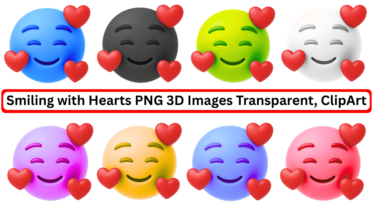 Colorful 3D smiling face emojis with red hearts in PNG transparent clipart format