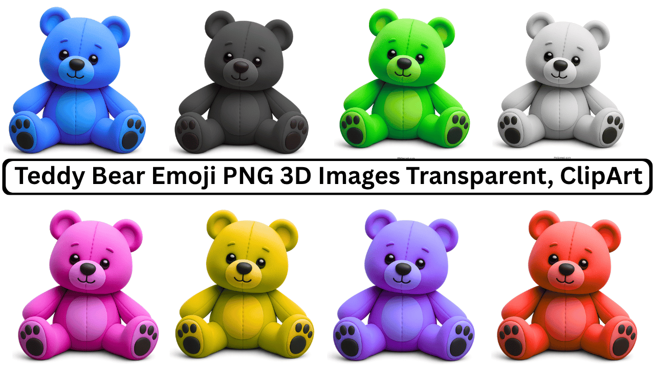 Set of 3D colorful teddy bear emojis in various colors with transparent background