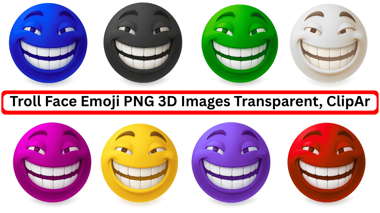 Colorful 3D troll face emojis with mischievous grins in transparent PNG format