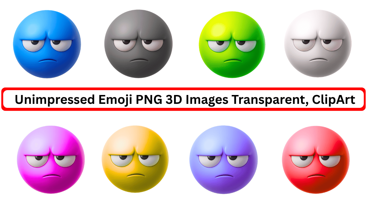 3D unimpressed emoji faces in multiple colors with transparent background and clipart style