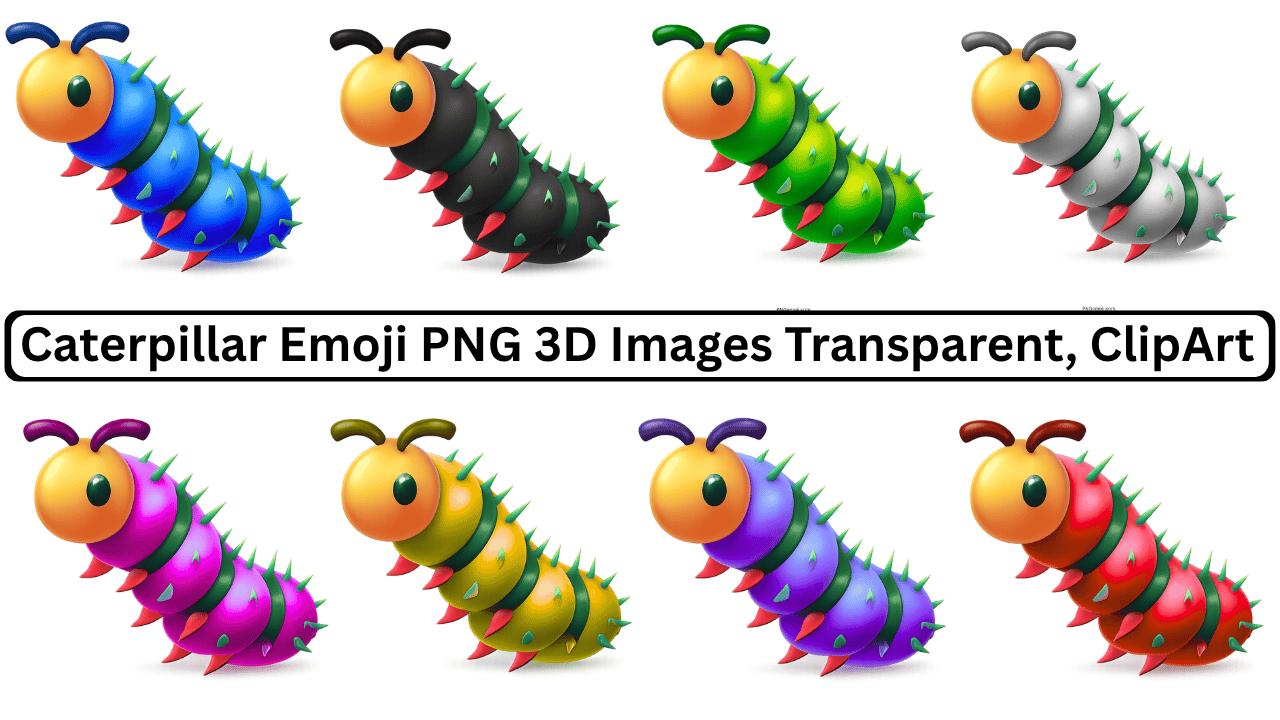 Collection of 3D colorful caterpillar emojis with spiked bodies and cute faces on transparent background