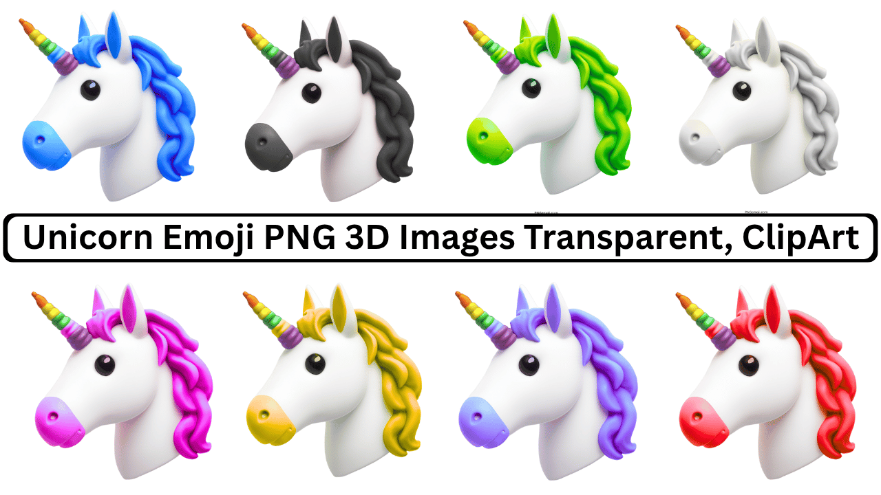 Set of 3D unicorn emojis with rainbow horns and various colored manes in transparent background.
