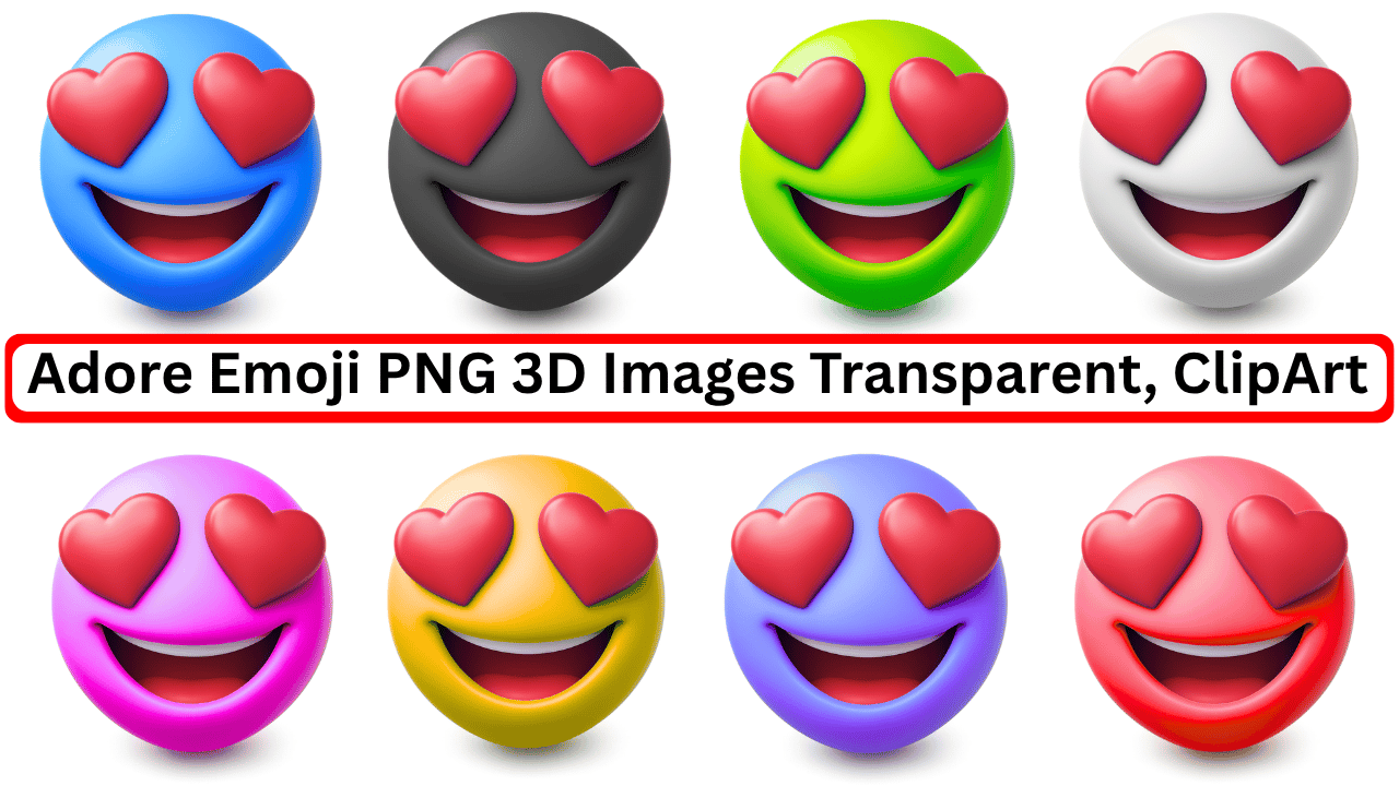 Colorful 3D heart-eyes adore emoji PNGs in various vibrant shades and expressions.