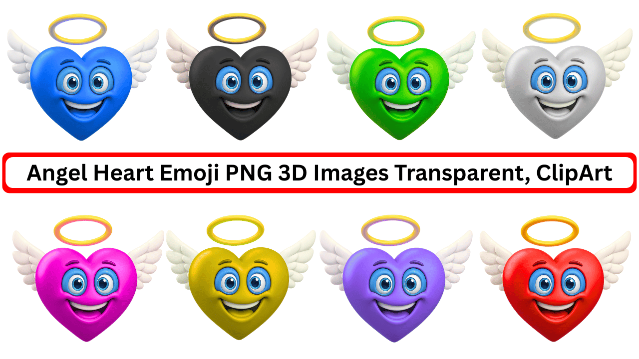 3D angel heart emoji pack with wings and halo in 9 vibrant colors PNG