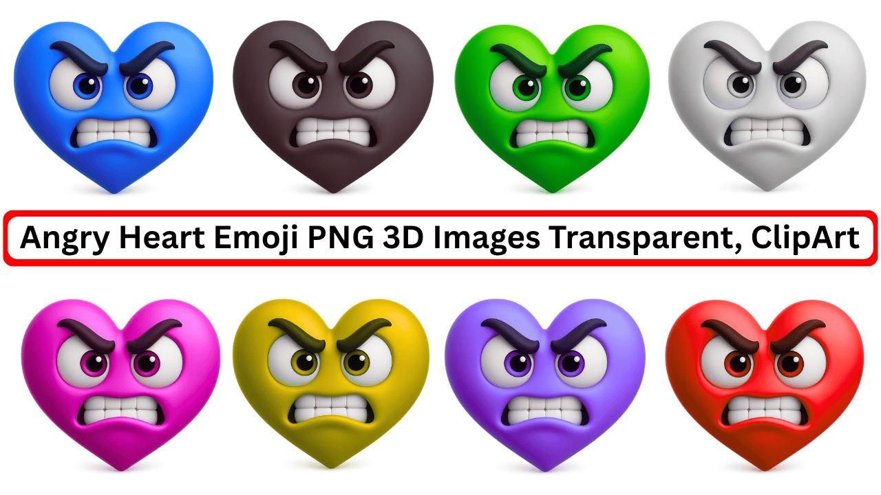 Set of colorful 3D angry heart emojis with cartoon faces and transparent background