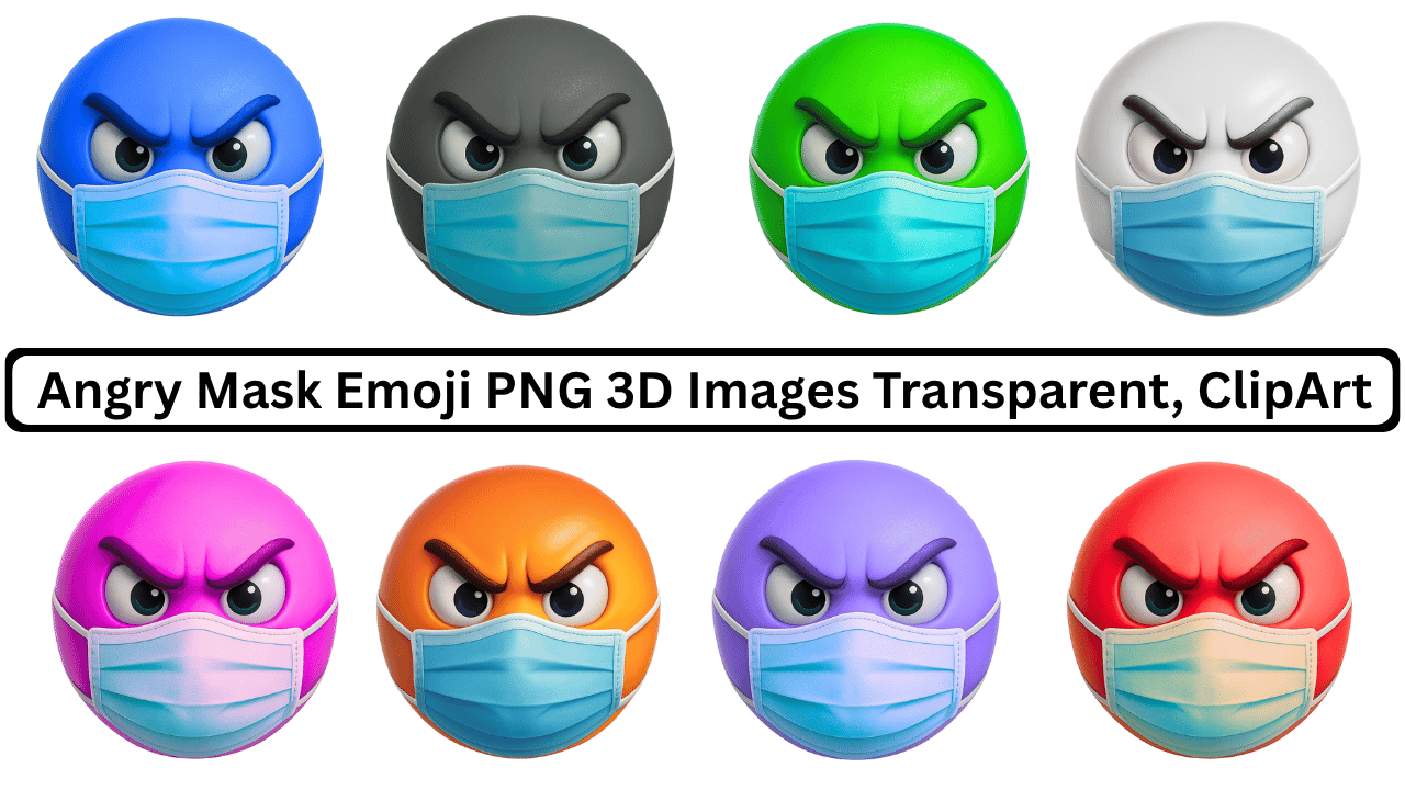 3D angry emoji faces wearing masks in various colors, clipart PNG transparent set
