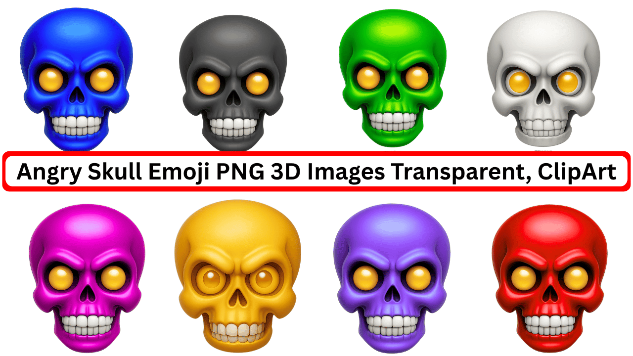 Colorful angry skull emoji PNG pack 3D transparent clipart with yellow glowing eyes