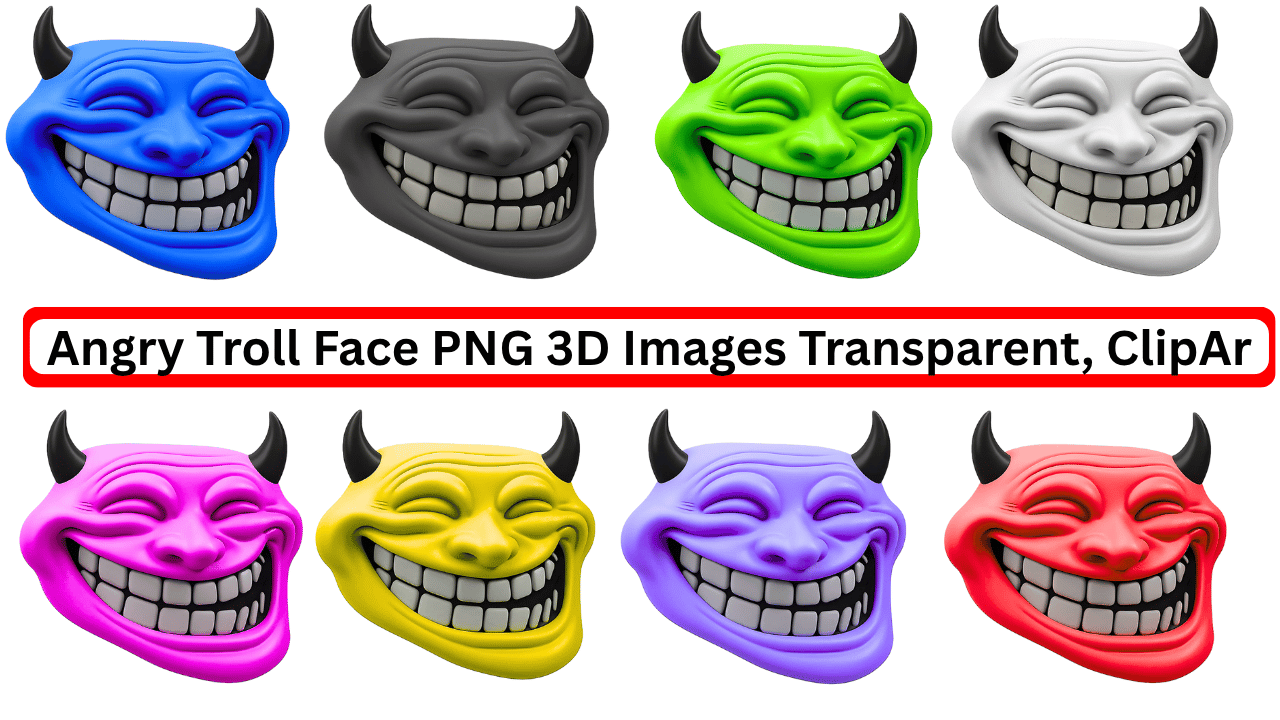 Collection of Angry Troll Faces in multiple colors, 3D PNG images