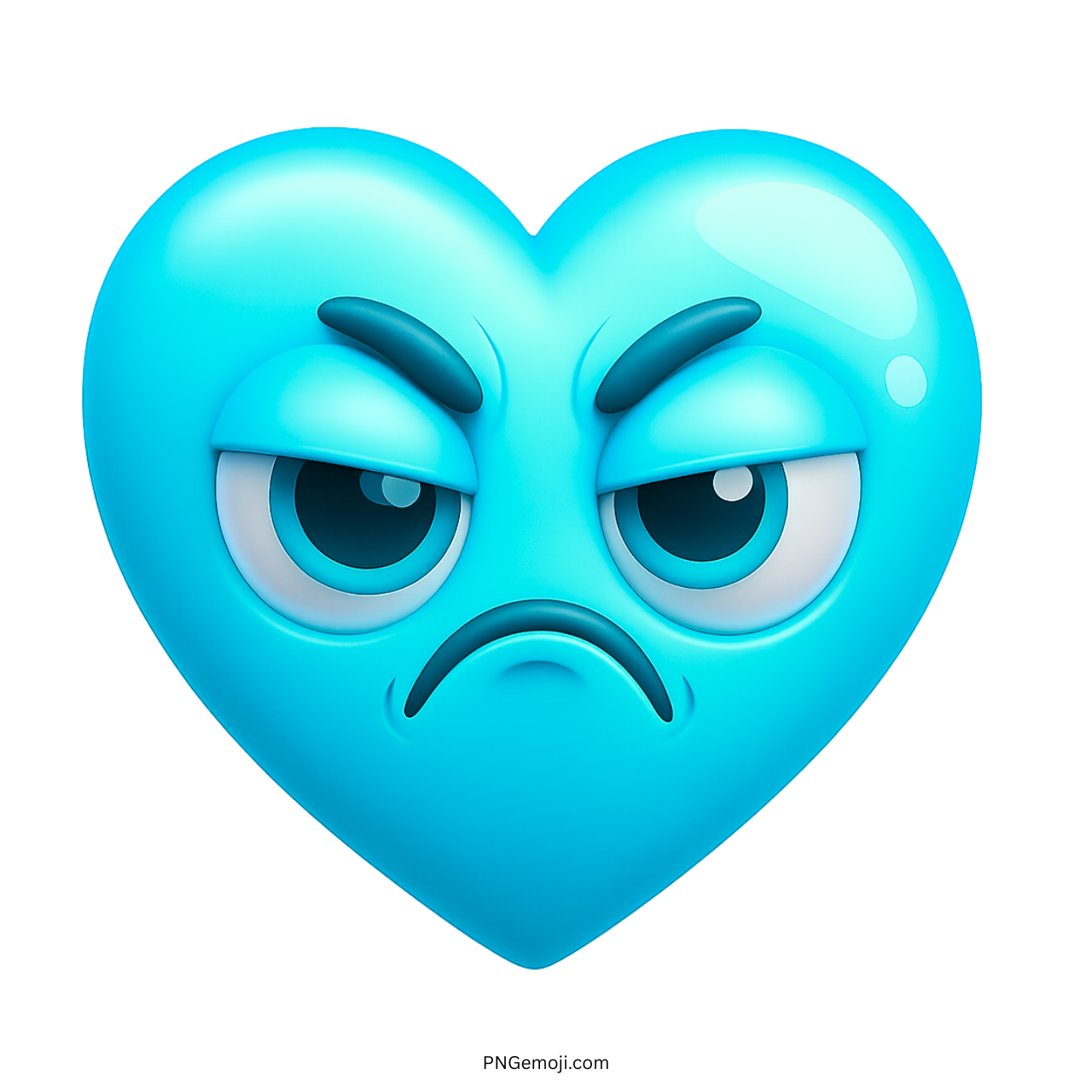 Annoyed cyan heart emoji with frowning face and frustrated cartoon eyes