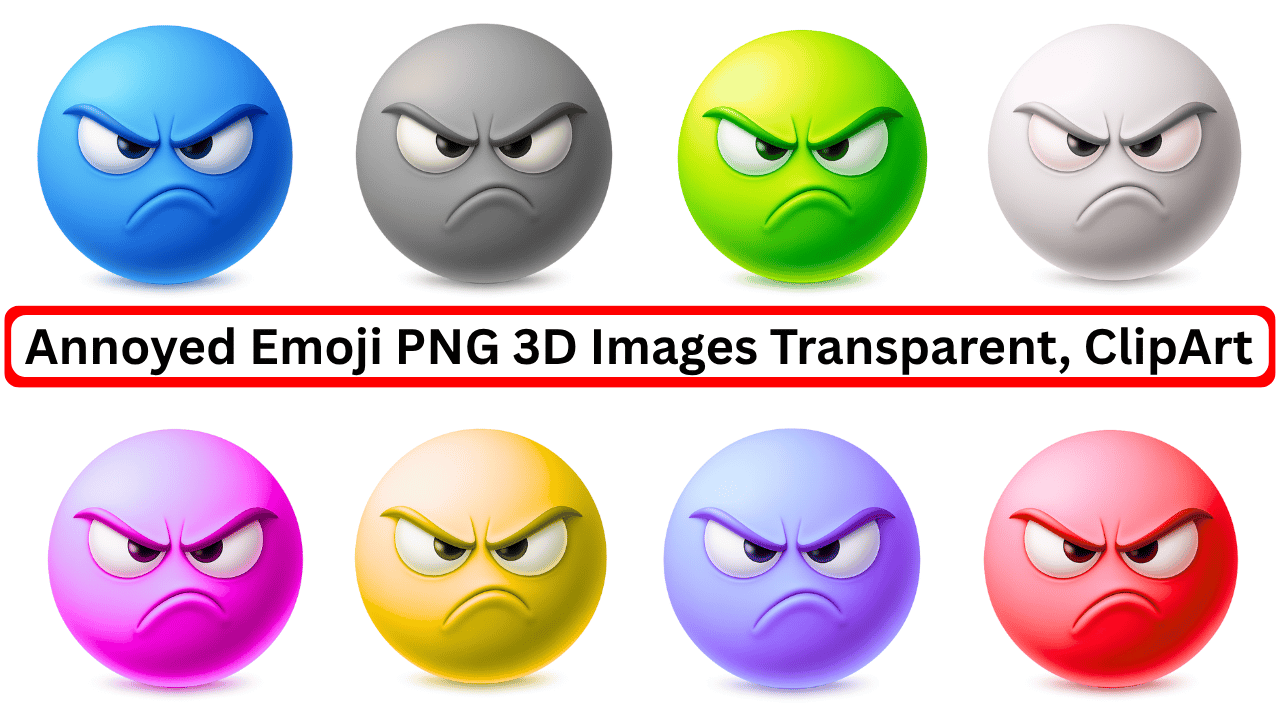 3D annoyed emoji pack with transparent background in multiple colorful expressions