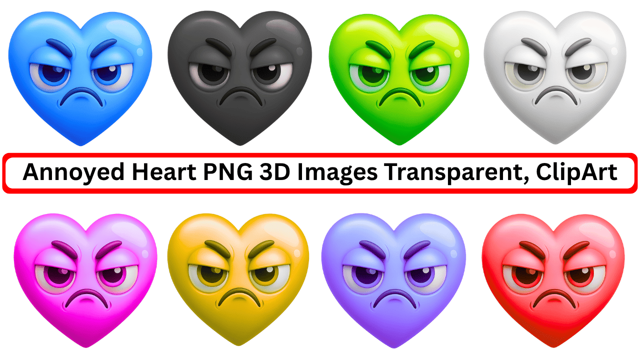 Annoyed heart emoji 3D PNGs in various colors with transparent backgrounds