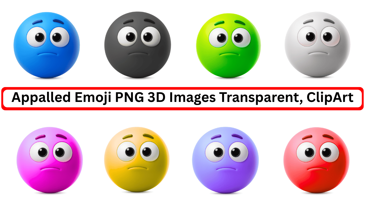 Set of 3D appalled emoji PNGs in nine colors with transparent background