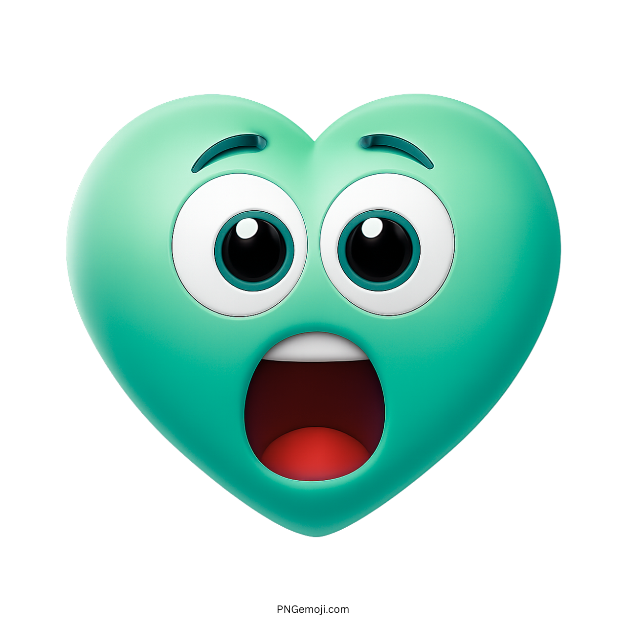 3D aqua heart emoji with wide surprised eyes and open mouth shocked face
