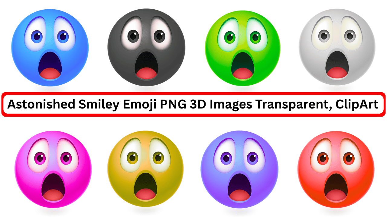 Set of eight 3D astonished smiley emojis in colorful variations with shocked expressions.