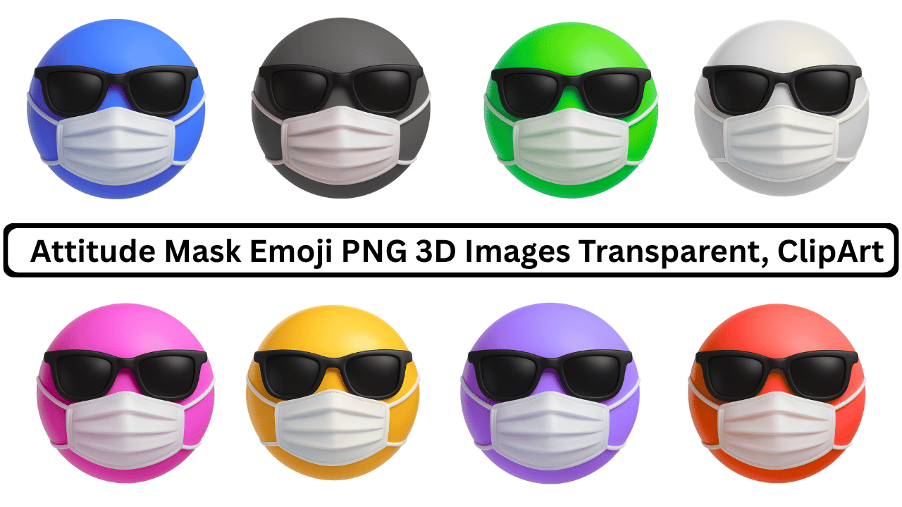Multiple color attitude mask emojis with sunglasses and face masks in 3D transparent PNG style