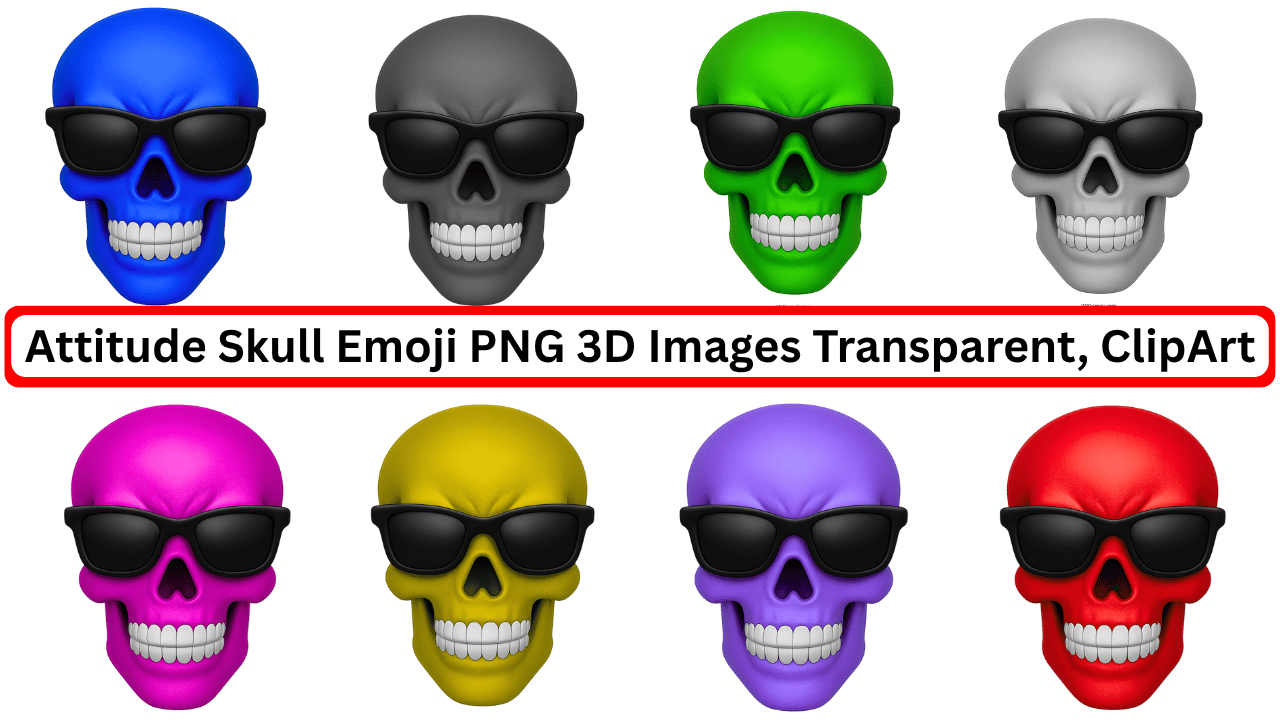 3D skull emoji faces in various colors with sunglasses, transparent clipart style