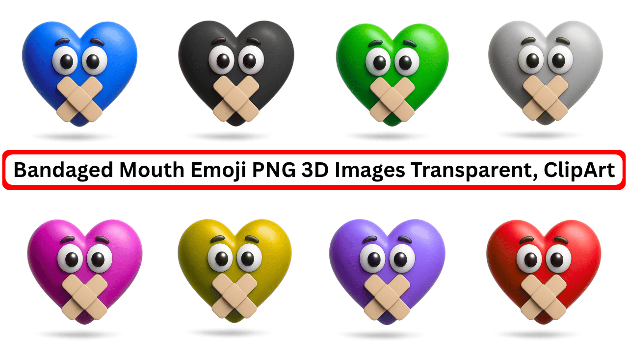 Colorful 3D heart emojis with bandaged mouths showing emotional silence and expression variety