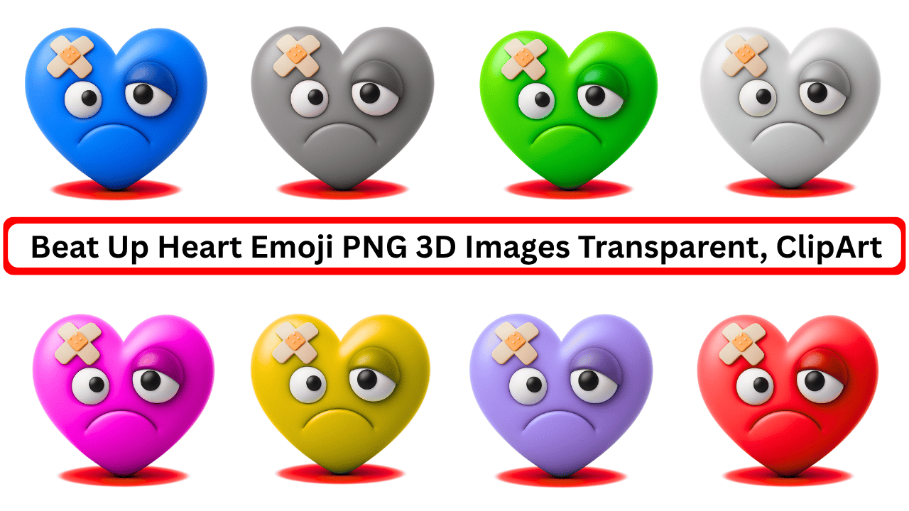 Set of 3D beat up heart emojis in various colors with sad bruised expressions