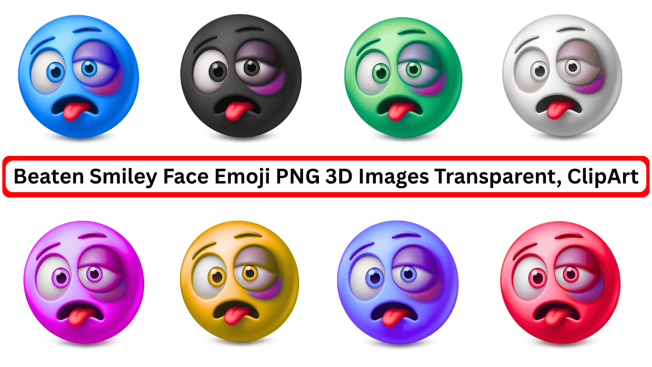 3D beaten smiley emojis with bruised eyes in various colors as transparent PNG clipart