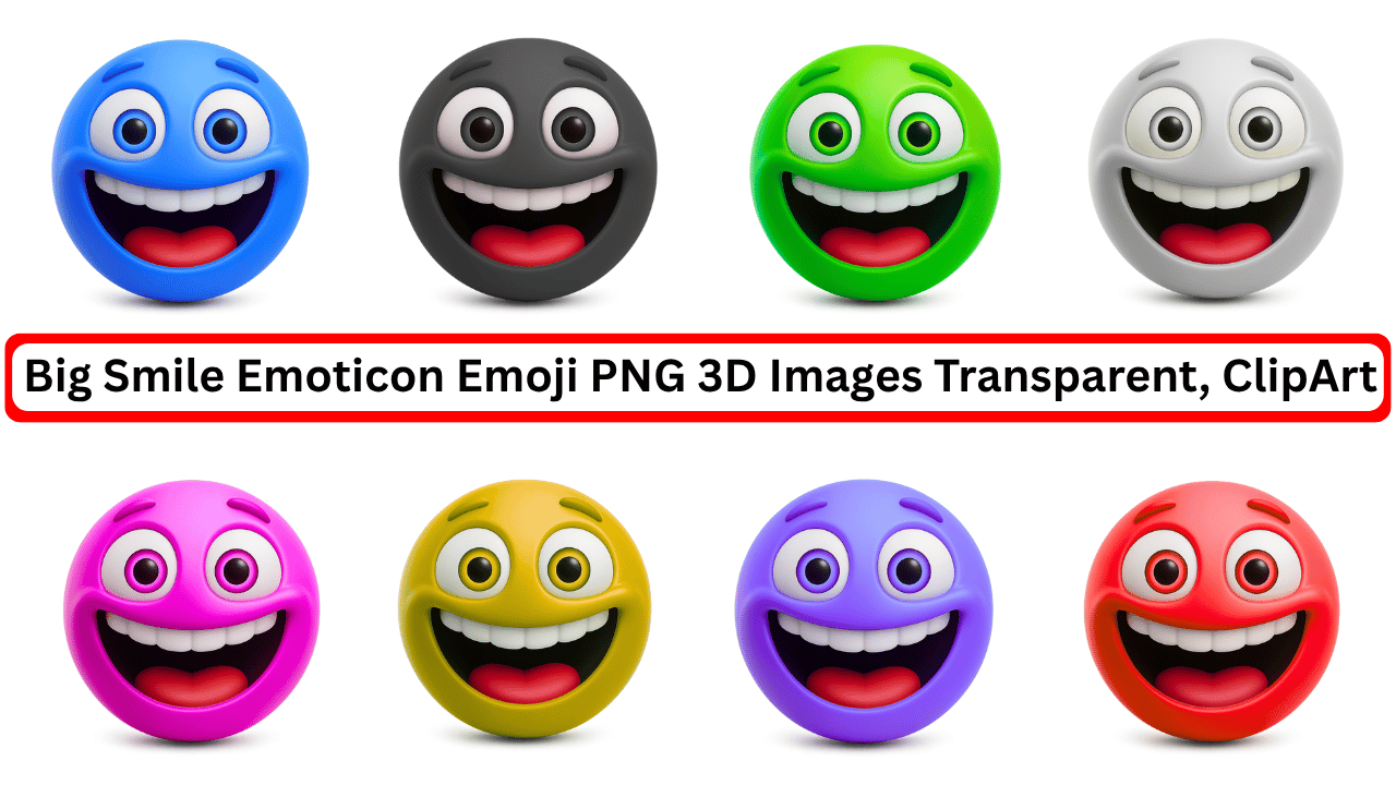 Set of colorful 3D big smile emoticon emoji faces with transparent backgrounds in PNG format