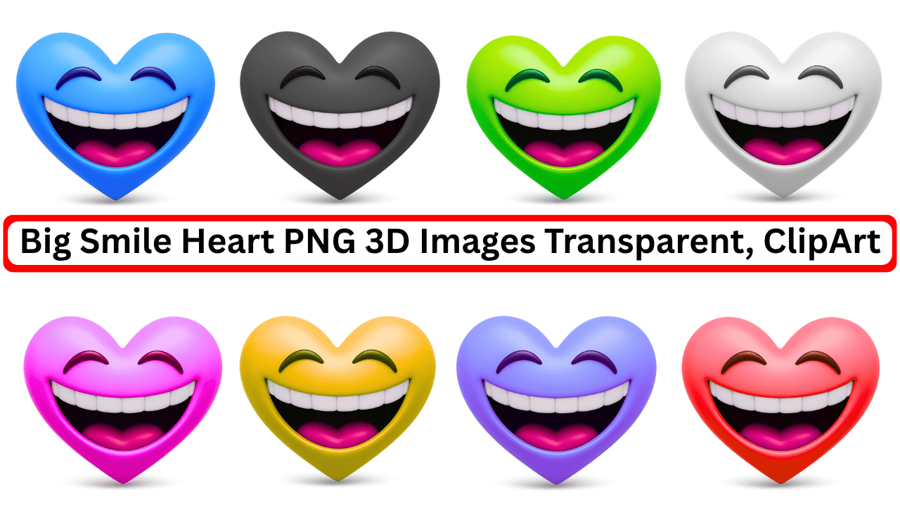 Set of colorful big smile heart emojis in 3D PNG clipart with transparent background