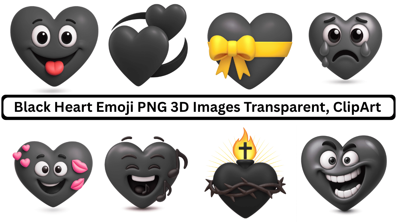 3D black heart emojis with various facial expressions and styles on transparent background