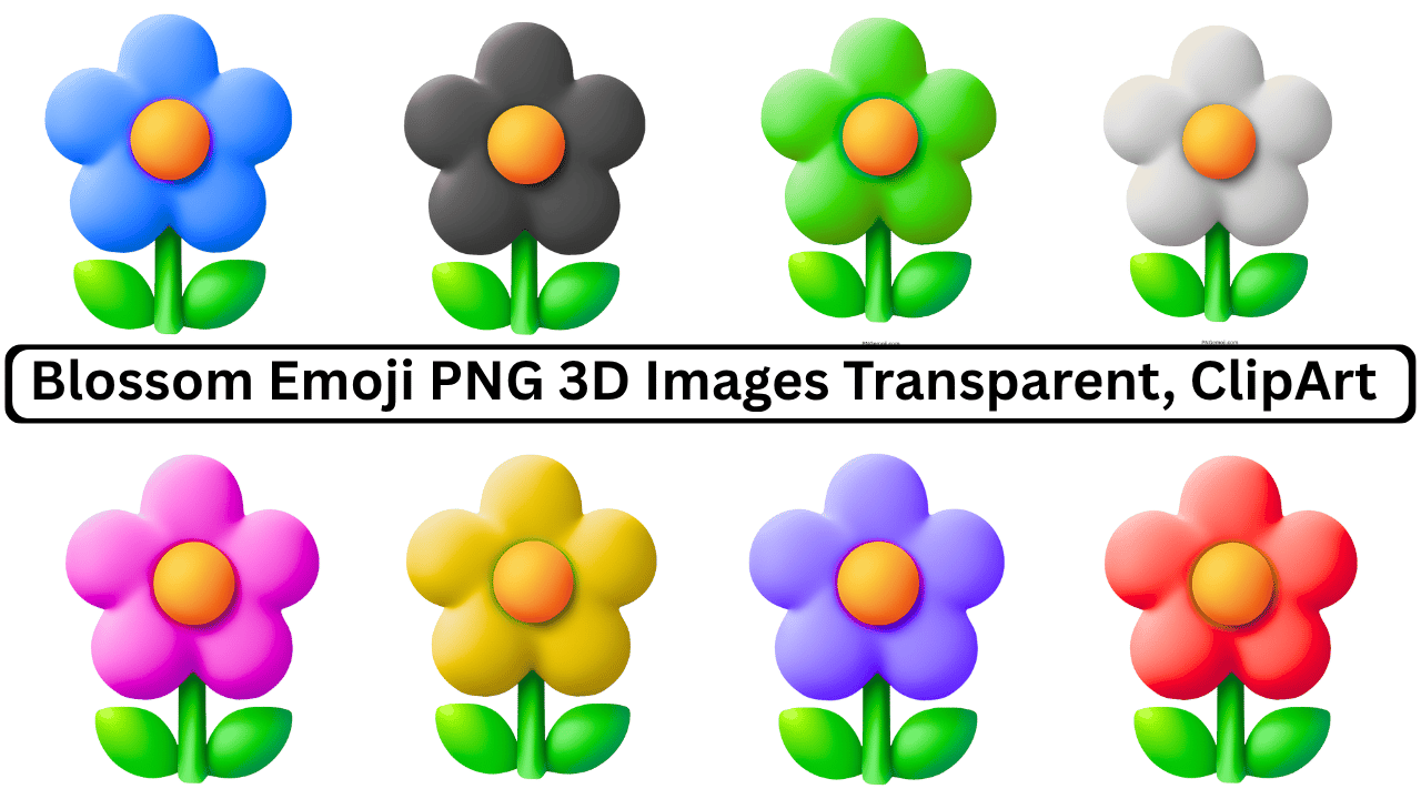Colorful 3D blossom emoji collection with orange center and green leaves, transparent background