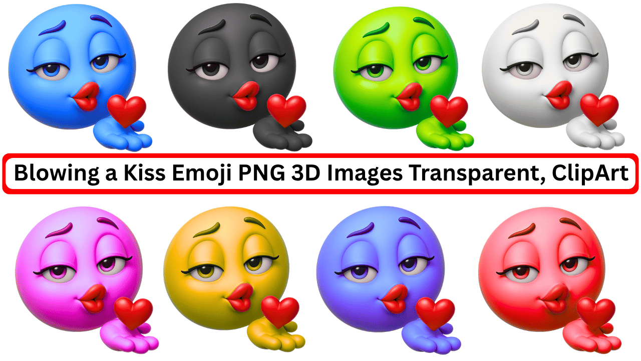 Multicolor 3D blowing kiss emoji PNGs with red hearts and transparent background
