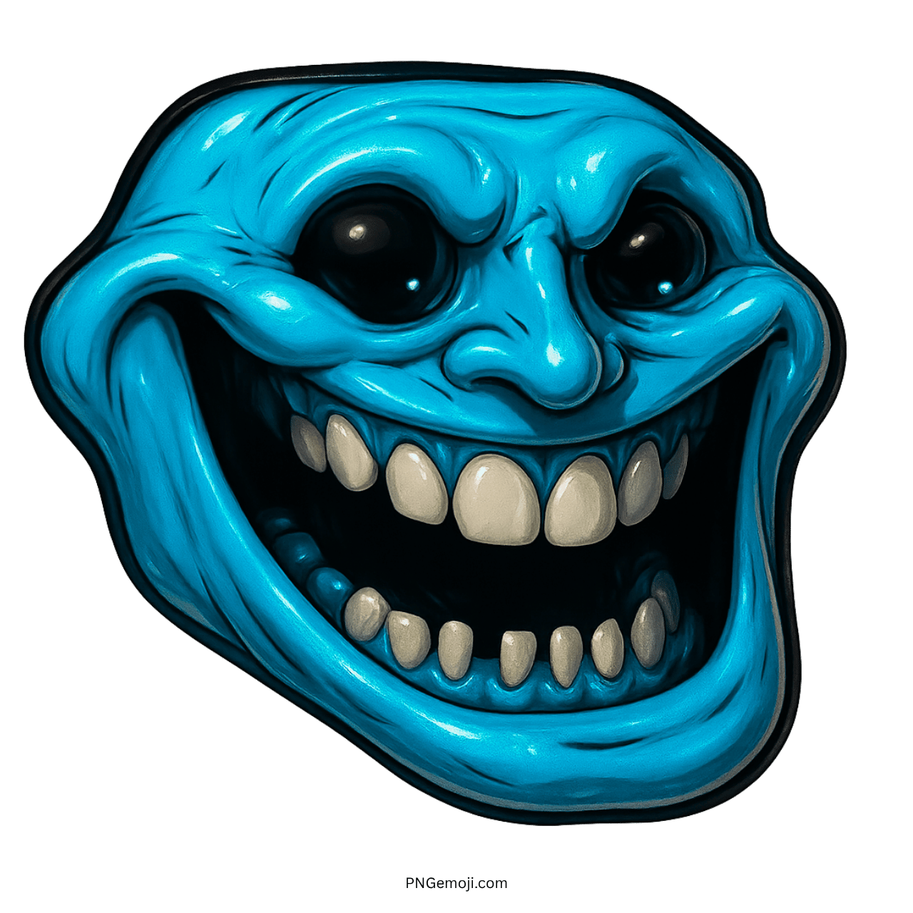Blue evil troll face with sinister smile and exaggerated creepy meme expression