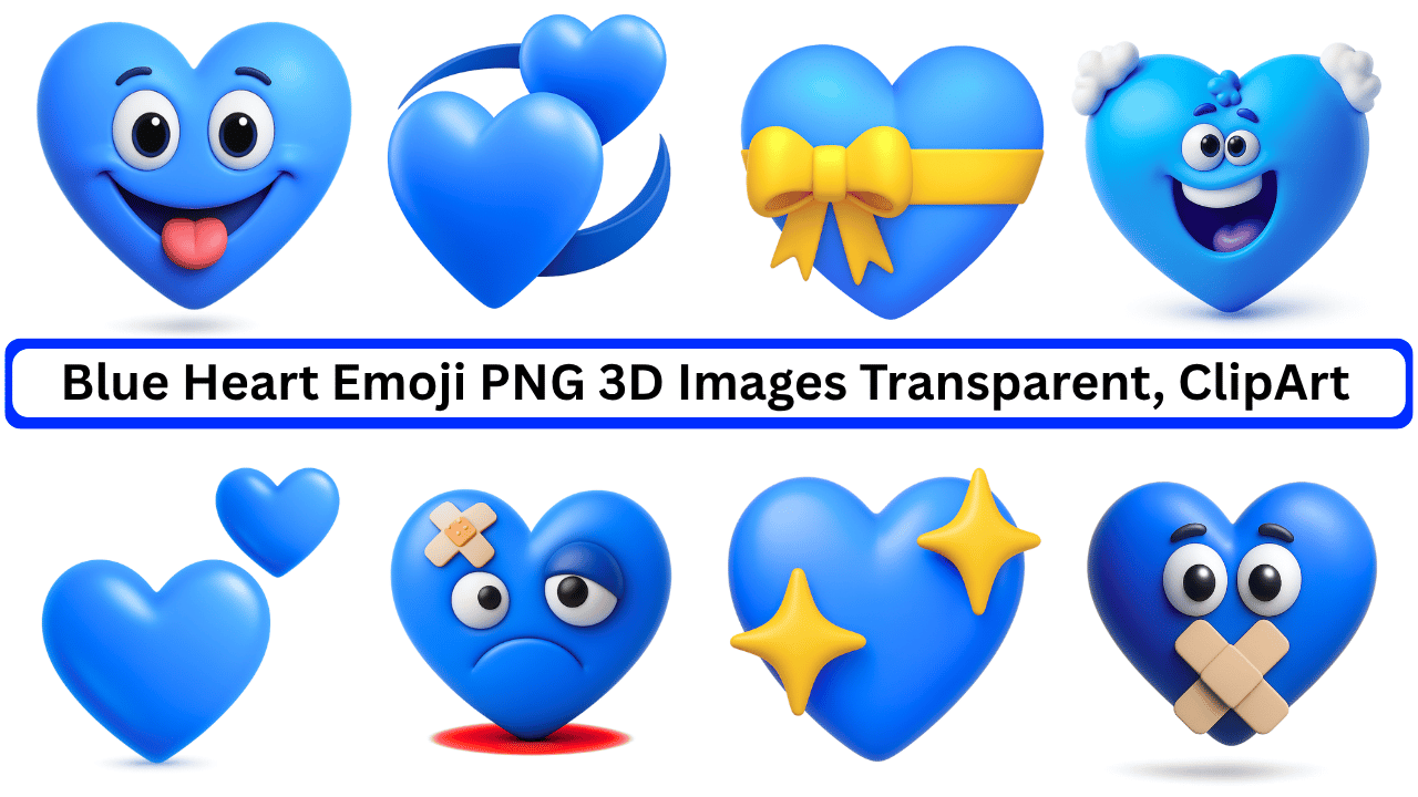 Blue heart emoji PNG 3D clipart with cute expressions, transparent background pack