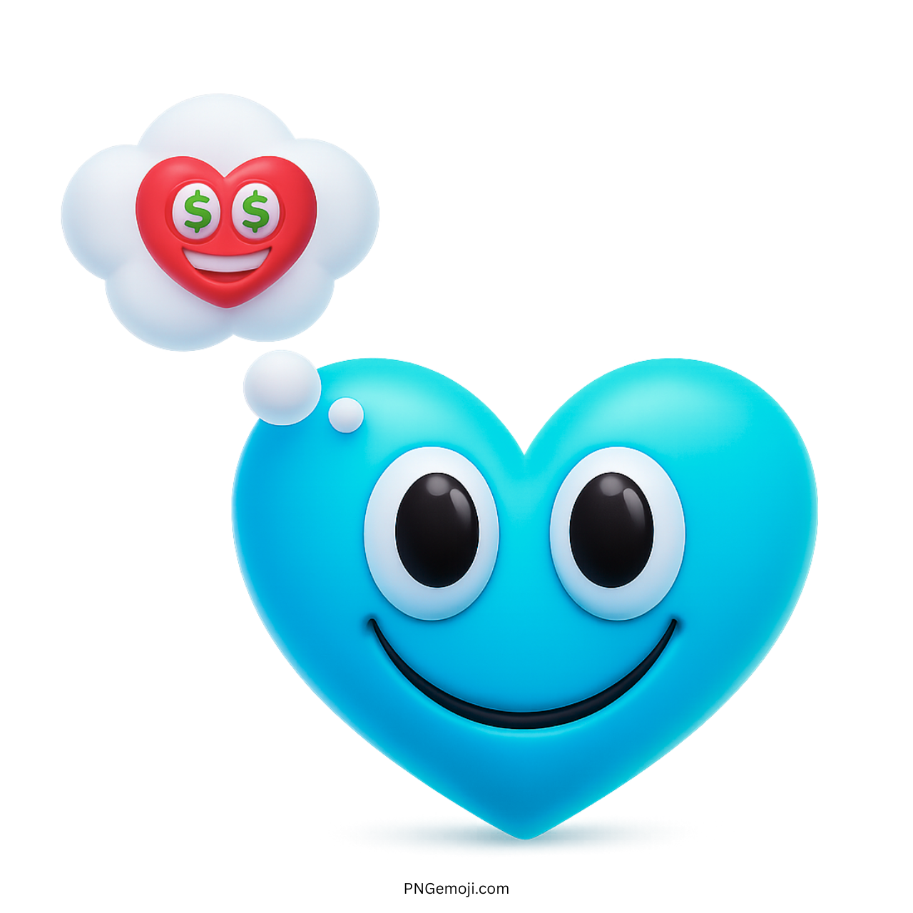 Smiling blue heart emoji imagining love and money in a thought bubble