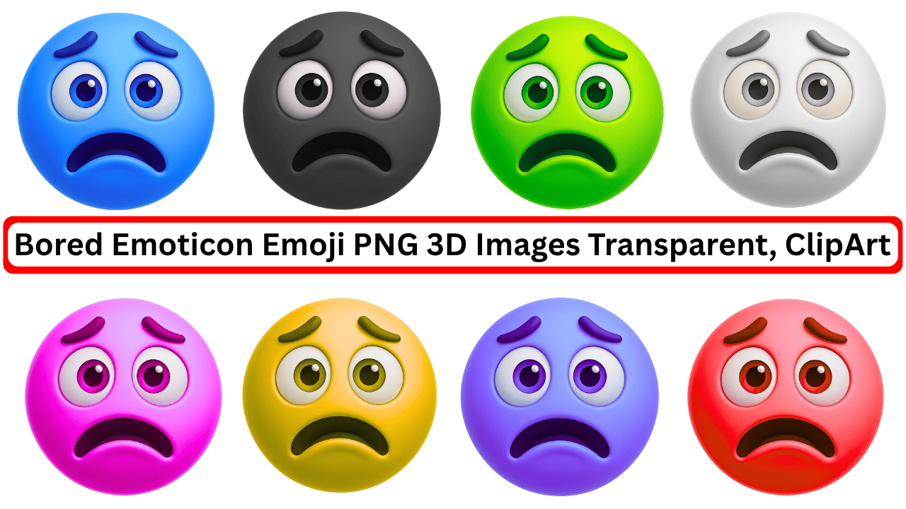 Colorful 3D bored emoticon emoji faces with sad expressions and transparent backgrounds