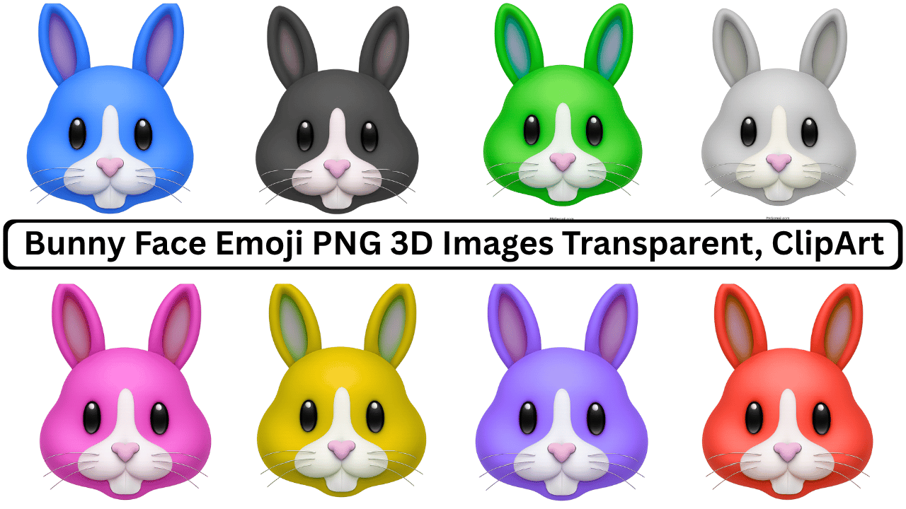 Collection of 3D bunny face emojis in blue, black, green, gray, pink, yellow, purple, and red with transparent background.