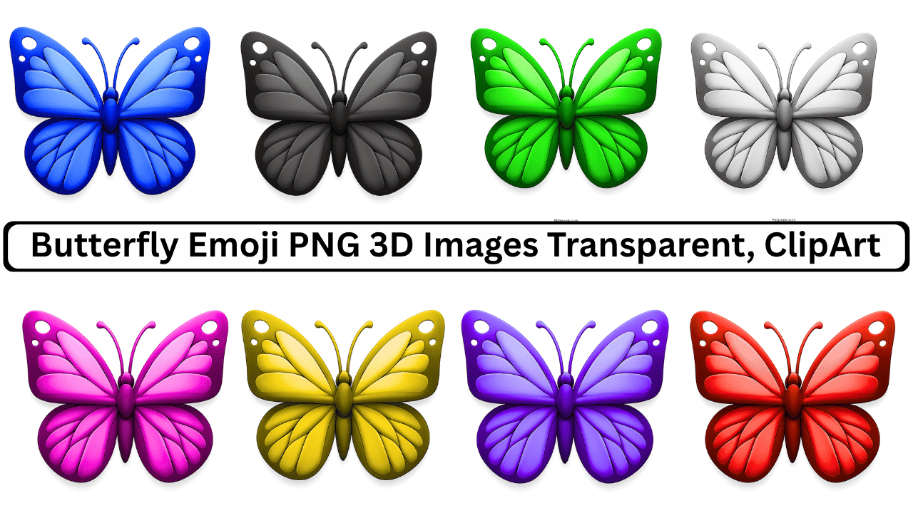Colorful 3D butterfly emoji PNG images with transparent background, various vibrant colors, and detailed ClipArt style.